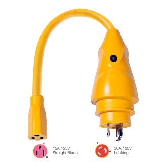 Marinco P30-15 EEL 15A-125V Female to 30A-125V Male Pigtail Adapter - Yellow Marinco P30-15 EEL 15A-125V Female to 30A-125V Male Pigtail Adapter - Yellow