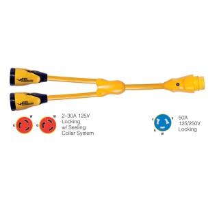 Marinco Y504-2-30 EEL (2)-30A-125V Female to (1)50A-125/250V Male "Y" Adapter - Yellow Marinco Y504-2-30 EEL (2)-30A-125V Female to (1)50A-125/250V Male "Y" Adapter - Yellow
