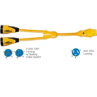 Marinco Y504-2-504 EEL (2)50A-125/250V Female to (1)50A-125/250V Male "Y" Adapter - Yellow Marinco Y504-2-504 EEL (2)50A-125/250V Female to (1)50A-125/250V Male "Y" Adapter - Yellow