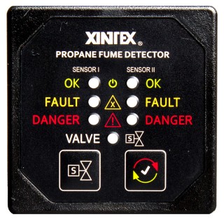 FIREBOY-XINTEX Xintex Propane Fume Detector & Alarm w/2 Plastic Sensors & Solenoid Valve - Square Black Bezel Display FIREBOY-XINTEX Xintex Propane Fume Detector & Alarm w/2 Plastic Sensors & Solenoid Valve - Square Black Bezel Display
