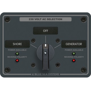 Blue Sea 8359 AC Rotary Switch Panel 30 Ampere 2 Positions + OFF, 2 Pole Blue Sea 8359 AC Rotary Switch Panel 30 Ampere 2 Positions + OFF, 2 Pole